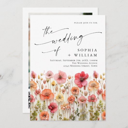 Invitation Pastel Pink Boho Fleur sauvage code QR Mariage Pho (Devant / Derrière)