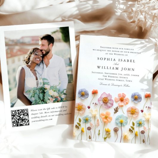 Invitation Pastel Pink Boho Fleur sauvage code QR Mariage Pho