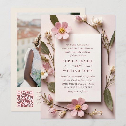 Invitation Pastel Pink Boho Fleur sauvage code QR Mariage Pho (Devant / Derrière)