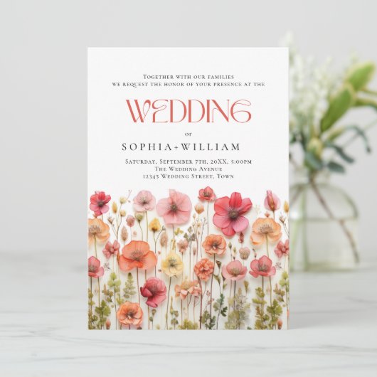 Invitation Pastel Pink Boho Fleur sauvage code QR Mariage Pho (Debout devant)