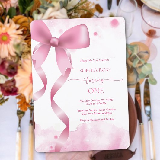 Invitation Pastel Pink Bow Baby Girl 1er anniversaire Esthéti