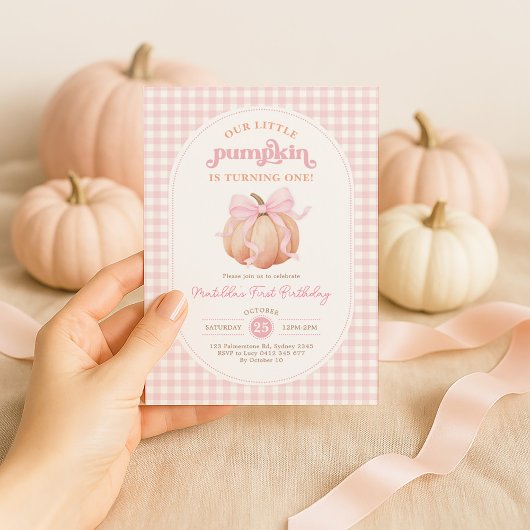 Invitation Pastel Pink Bow Citrouille Automne 1ère fête d'ann