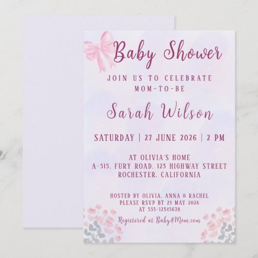 Invitation Pastel Pink Bow Floral Baby Shower (Devant / Derrière)