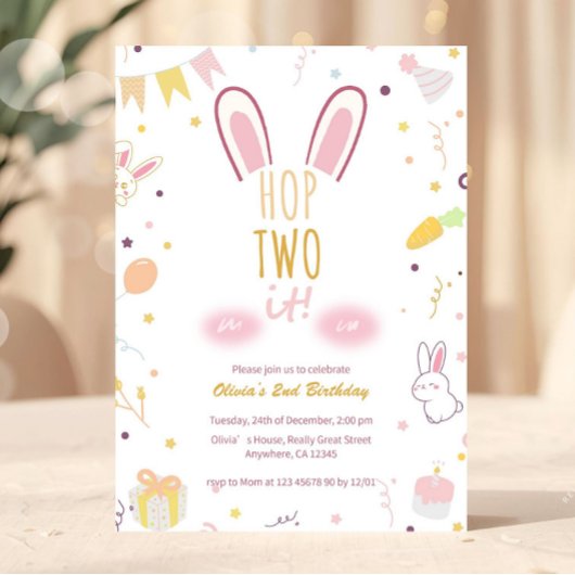 Invitation Pastel Pink Bunny 2e Birthday Hop Two It Invitatio
