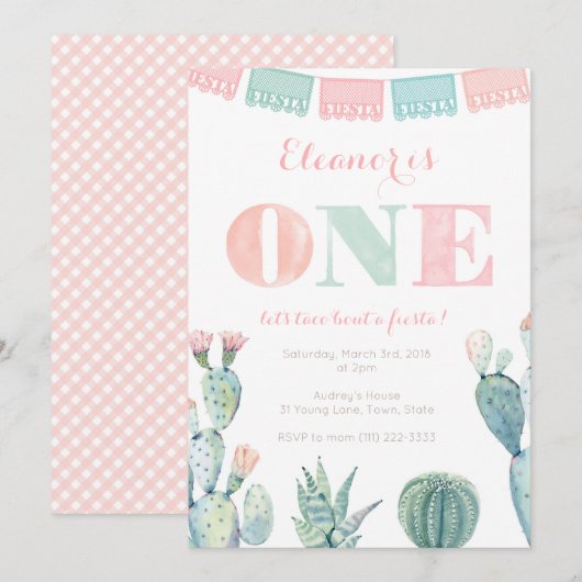 Invitation Pastel Pink Cactus 1er Anniversaire Fête (Devant / Derrière)