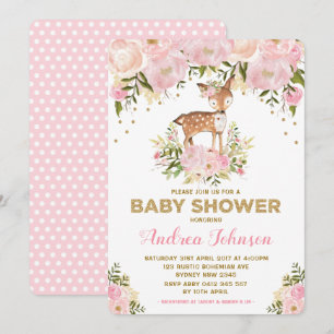 Invitation Pastel Pink Cerf Bébé Fille Douche Aquarelle Peony
