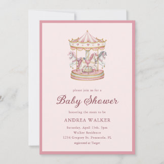 Invitation Pastel Pink Cute Carousel Girl Baby Shower