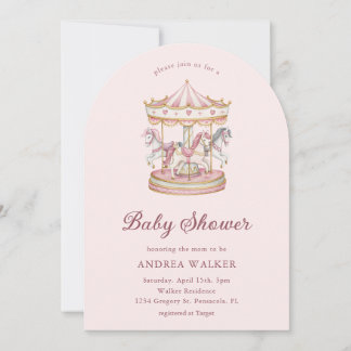 Invitation Pastel Pink Cute Carousel Girl Baby Shower Arch