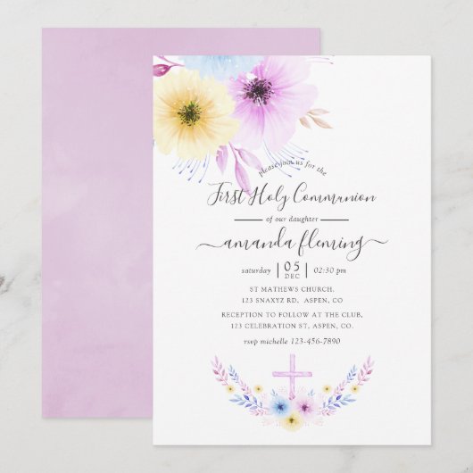 Invitation Pastel Pink et Blue Floral Première Communion Sain (Devant / Derrière)
