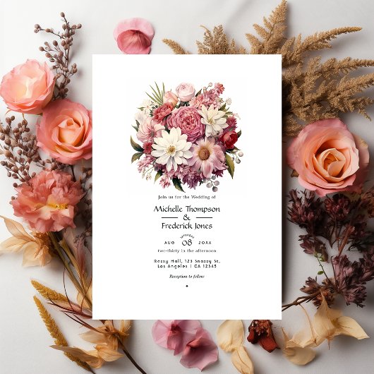 Invitation Pastel Pink et Cèdre Brown Floral Mariage d'été