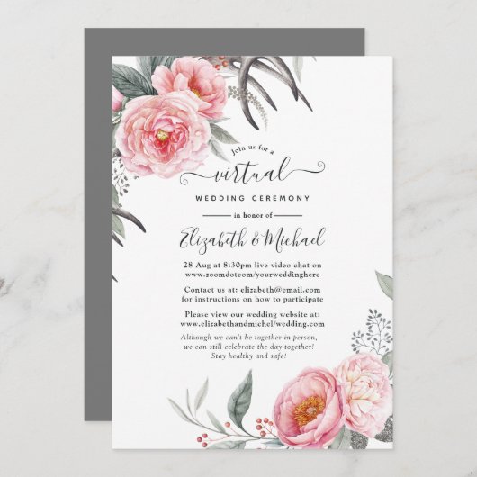 Invitation Pastel Pink et Grey Boho Floral Mariage virtuel (Devant / Derrière)