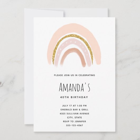 Invitation Pastel Pink & Faux Parties scintillant Boho Rainbo (Devant)