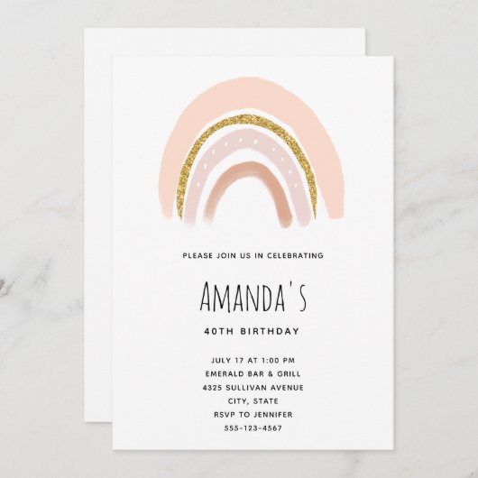 Invitation Pastel Pink & Faux Parties scintillant Boho Rainbo (Devant / Derrière)