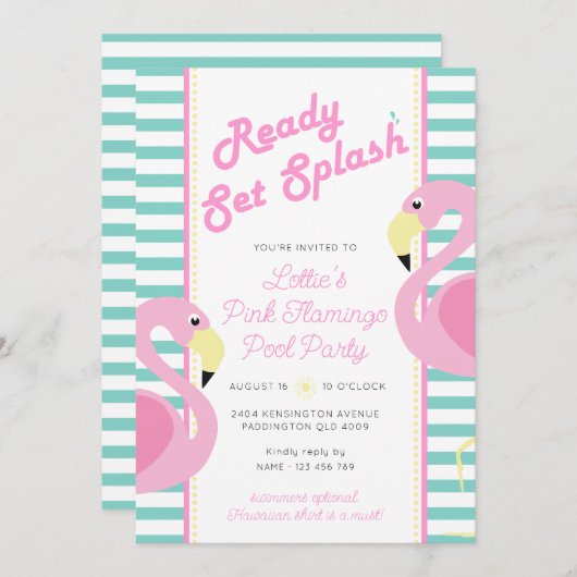 Invitation Pastel Pink Flamant rose Pool Party Anniversaire (Devant / Derrière)