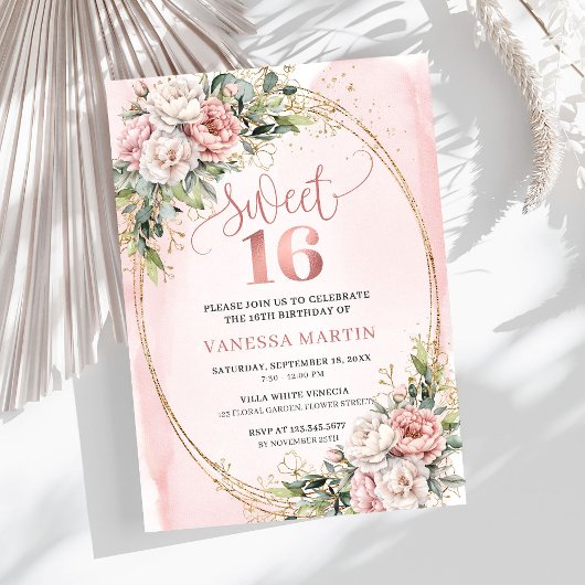 Invitation Pastel Pink Flowers Greenery 16th Birthday Invites