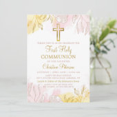 Invitation Pastel Pink Gold Floral Première Sainte Communion (Debout devant)
