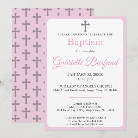 Invitation Pastel Pink & Gray Cross Watercolor Baptism (Devant / Derrière)