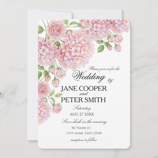 Invitation Pastel pink hydrangeas and roses Budget Wedding  I (Devant)