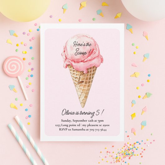 Invitation Pastel Pink Ice Cream Cone Birthday Party 