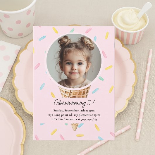 Invitation Pastel Pink Ice Cream Photo Birthday 