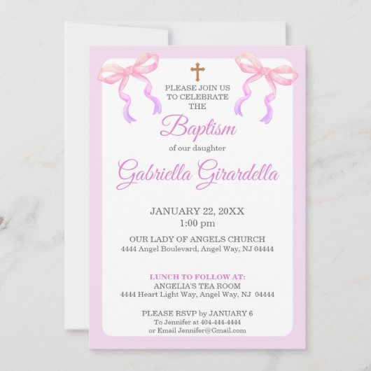 Invitation Pastel Pink & Lavender Ombre Bow Baptism (Devant)