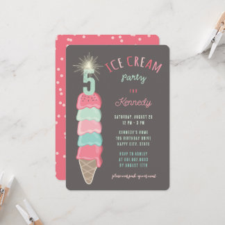 Invitation Pastel Pink Mint Ice Cream Girl 5th Birthday Party