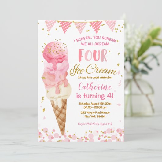 Invitation Pastel Pink Nous hurlons Four Ice Cream 4ème anniv (Debout devant)