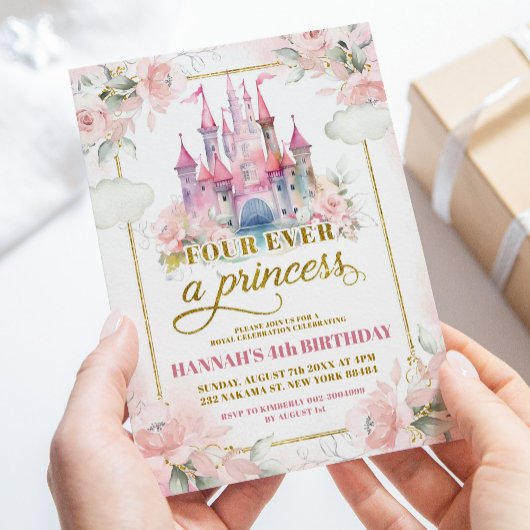 Invitation Pastel Pink Princess Château Royal 4e anniversaire