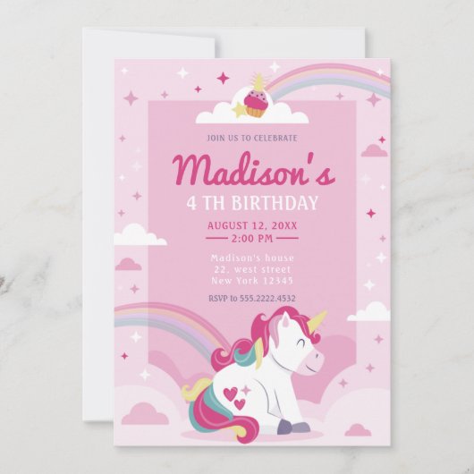 Invitation Pastel Pink Rainbow Unicorn fête d'anniversaire (Devant)