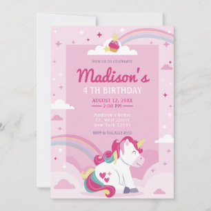 Invitation Pastel Pink Rainbow Unicorn fête d'anniversaire