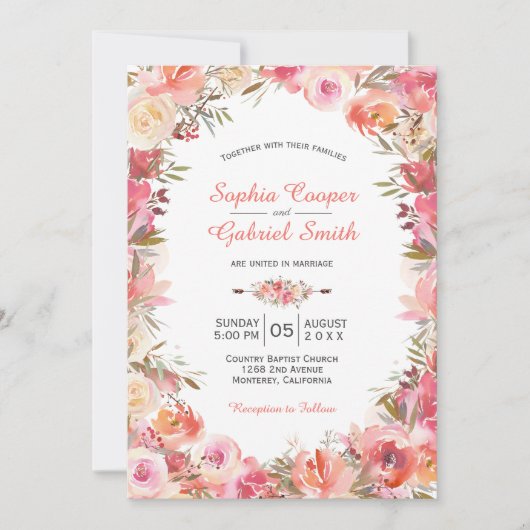 Invitation Pastel Pink Rose Floral Frame Mariage (Devant)
