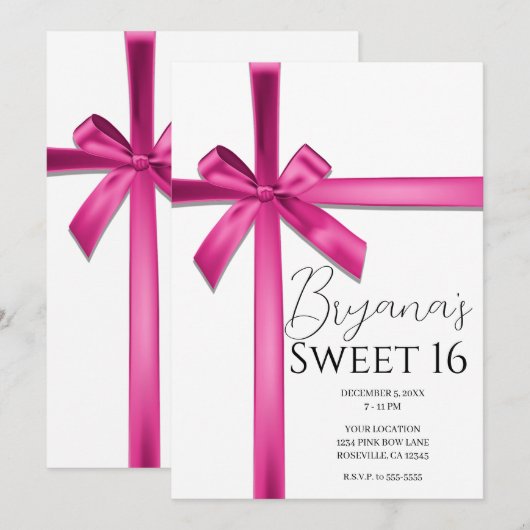 Invitation Pastel Pink Satin Ribbon Bow Sweet 16 Party (Devant / Derrière)