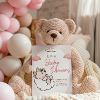 Invitation Pastel Pink Sleeping Nuage Bébé Dragon Anniversair