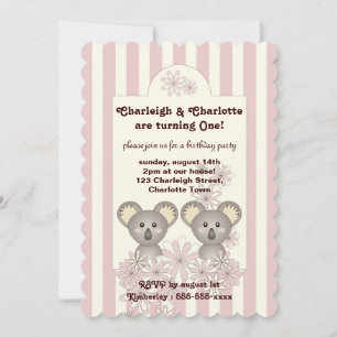Invitation Pastel Pink Stripe Baby Koala Twin Girl Anniversai
