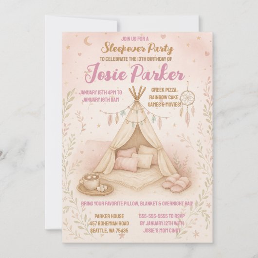 Invitation Pastel Pink Teepee Slepover fête d'anniversaire (Devant)