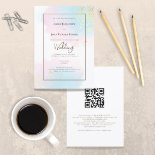 Invitation Pastel Pink Turquoise Aquarelle or QR Code Mariage