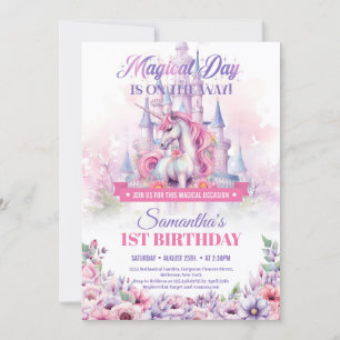 Invitation Pastel Pink Unicorn et Fairy Castle 1er anniversai