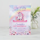 Invitation Pastel Pink Unicorn et Rainbows 1er anniversaire (Debout devant)