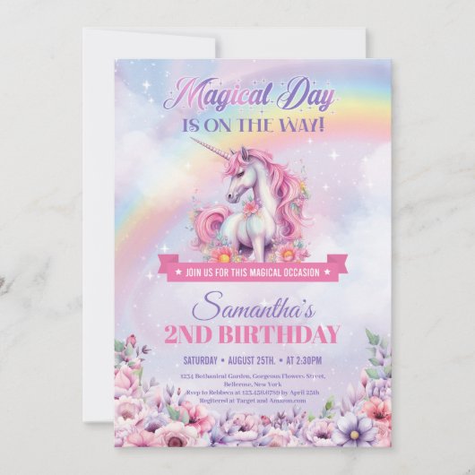 Invitation Pastel Pink Unicorn et Rainbows 2e anniversaire (Devant)
