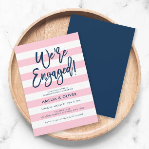Invitation Pastel Pink & White Stripes Blue Engagement Party