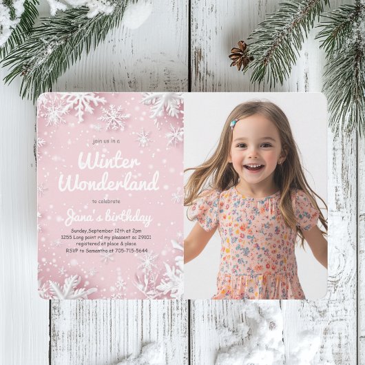 Invitation Pastel Pink Winter Wonderland Snowflake Photo