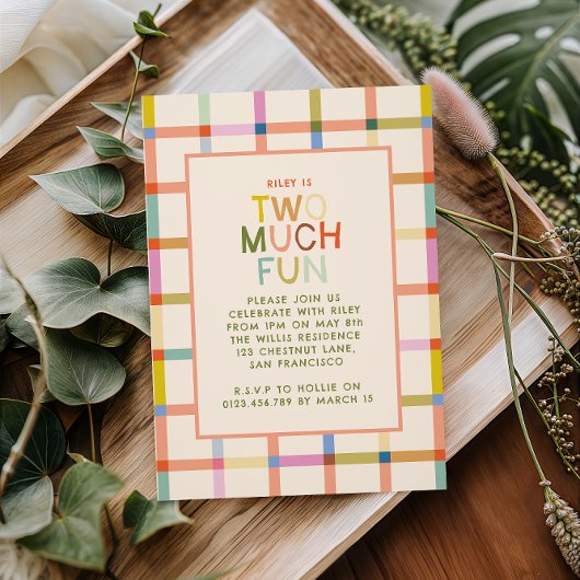 Invitation Pastel Plaid "Two Many Fun" 2e anniversaire