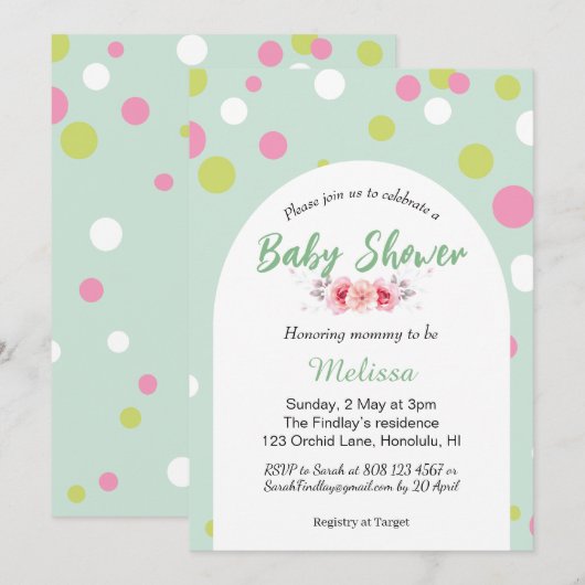 Invitation Pastel polka dots baby shower (Devant / Derrière)