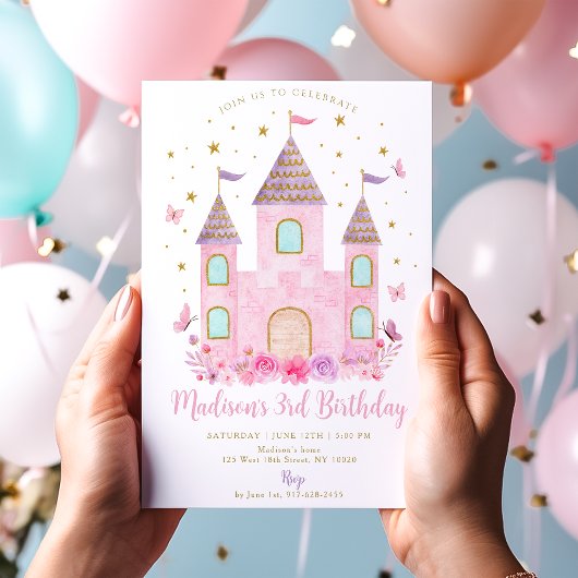 Invitation Pastel Princess Castle Butterfly Flower Birthday