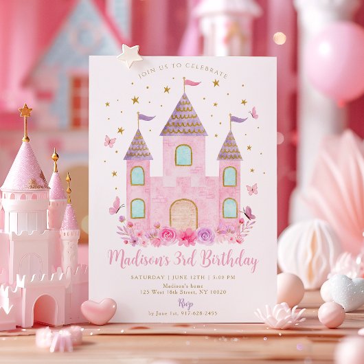 Invitation Pastel Princess Castle Butterfly Flower Birthday