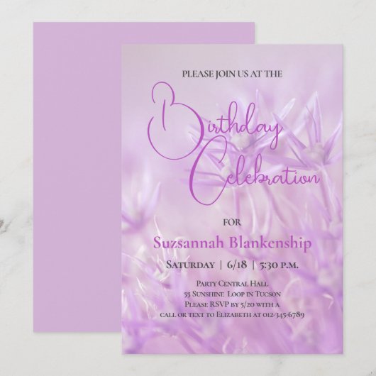 Invitation Pastel Purple Floral Arrière - plan fête d'anniver (Devant / Derrière)
