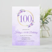 Invitation Pastel Purple Floral Golden Wreath 100e anniversai (Debout devant)