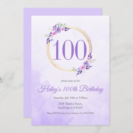 Invitation Pastel Purple Floral Golden Wreath 100e anniversai (Devant / Derrière)