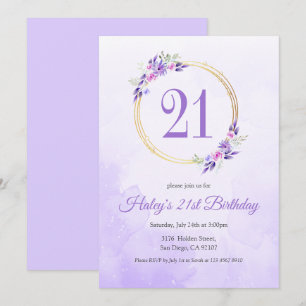 Invitation Pastel Purple Floral Golden Wreath 21e anniversair