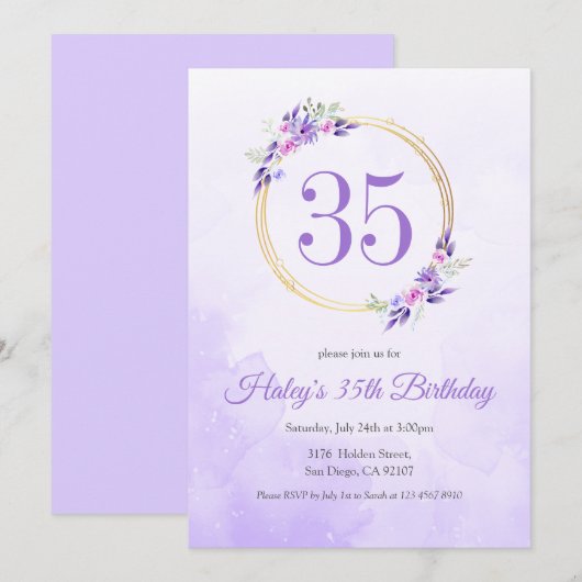 Invitation Pastel Purple Floral Golden Wreath 35e anniversair (Devant / Derrière)